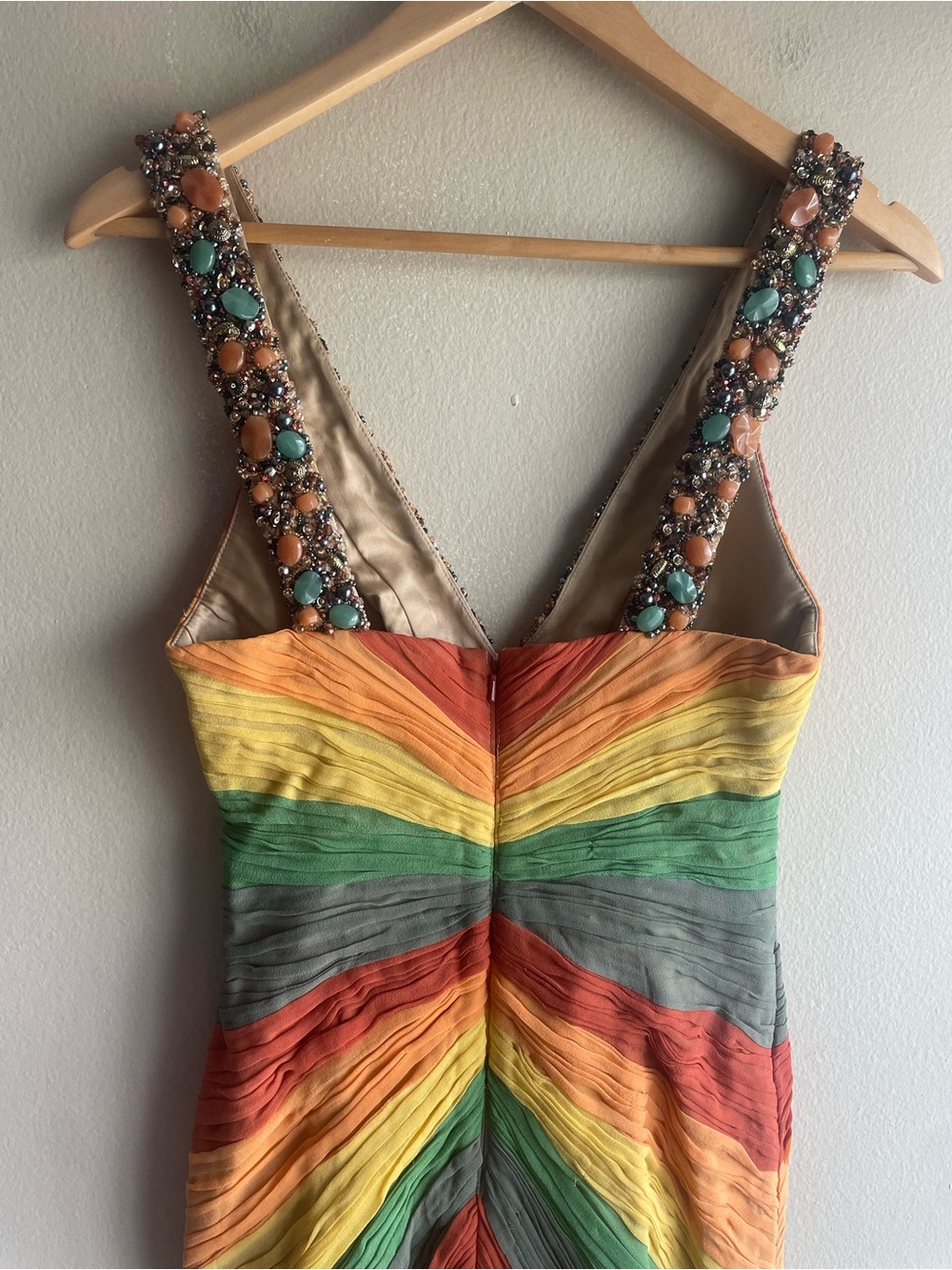 New Mandalay 100% Silk Beaded Rainbow Chevron Sleeveless Dress Multi Cocktail 4 - Picture 8 of 16
